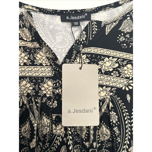 A. Jesdani Top Womens 3X Black Tan Paisley Print Henley Style Tunic Resort Comfy - Picture 2 of 4